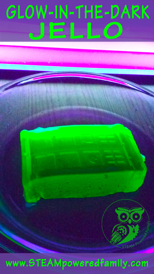 Need ideas for a party or camp out? Why not try glow in the dark jello? Perfect for Halloween! Ours is with a Doctor Who twist! Kid approved! via @steampoweredfam