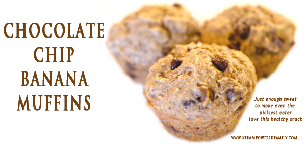 Chocolate Chip Banana Muffins - Just enough sweetness to make even the pickiest eater ask for seconds of this healthy snack. Also a great treat for helping kids suffering from constipation. Helps get things moving naturally and gently.