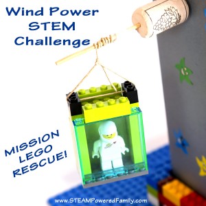 Wind Power STEM Challenge - Mission: Lego Rescue. A fantastic STEM challenge that encourages the creation of mechanical energy with a tinker box windmill to "rescue" a minifig.