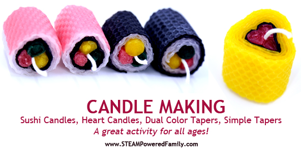 Beeswax Sheet Candle Making - A Calming And Rewarding Activity For All Ages. Learn how to make simple tapers, dual color tapers, handmade heart candles and even sushi candles!