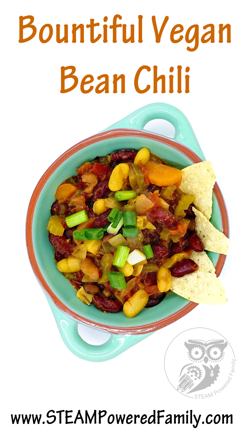Bountiful Vegan Bean Chili - this simple recipe is great for a healthy meal that will appeal to all ages. Perfect for pot lucks and keeping the waist trim! Every time I make this I'm begged for the recipe, so here it is!