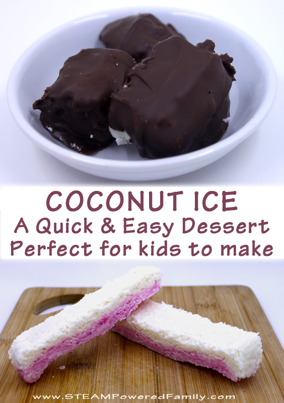 This Coconut Ice recipe comes from my mom who learned how to make it as a child in England. It is so easy, kids of all ages can help create this delicious treat. 