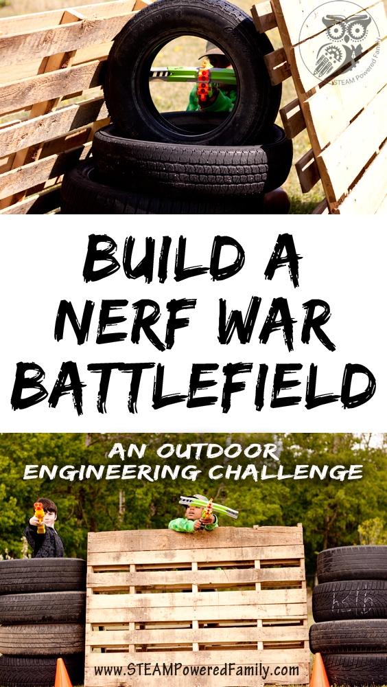 This year stay home and build an epic Nerf Battlefield in the backyard to keep kids engineering, building, running and playing all summer long! Kids love a great Nerf war. Learn how to build a budget friendly Nerf War Battlefield! A brilliant outdoor engineering and construction challenge using upcycled items that will challenge kids to think outside of the box to ensure their Nerf gun battles are epic! #Nerf #Nerfwar #NerfBattlefield #NerfGuns #outdoorfun #summer #nerfgun #engineering via @steampoweredfam