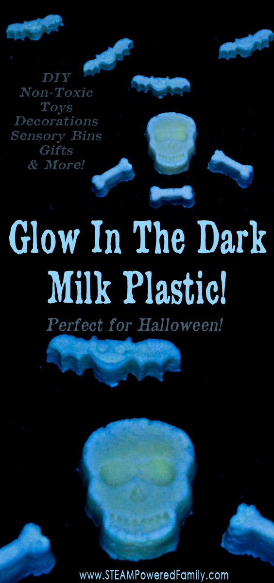 Glow in the Dark Milk Plastic - non-toxic, easy and fun kids STEM Activity. Create toys, decorations, sensory items and more. Perfect for Halloween. via @steampoweredfam