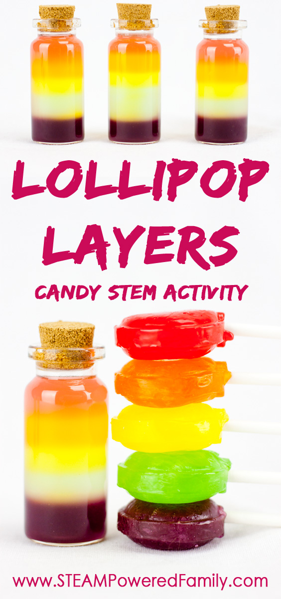 Layered Lollipops uses candy in a beautiful candy stem activity. Get creative with your color layers to make the leap from STEM to STEAM!