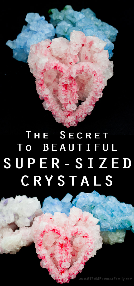 Growing big crystals from borax, sugar or magma requires the same secret step. STEAM challenge - make the biggest crystals! #Crystals #GrowingCrystals via @steampoweredfam