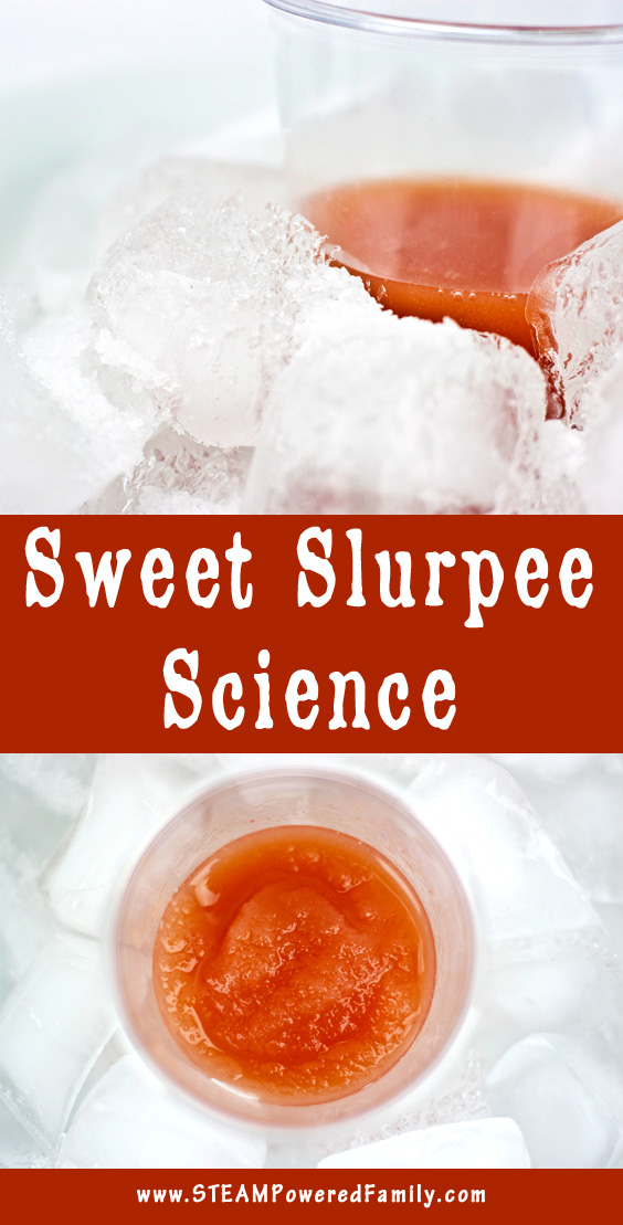 Do you love slurpees? I have a couple of big slurpee fans around here. Kids love these sweet, frozen treats! Whether you call them slurpees or slushies, these frosty drinks are great, until the dreaded brain freeze! Today we are taking some inspiration from one of our favourite Winter STEM Activity experiments and learning how to make a slurpee at home. Click to learn more from STEAM Powered Family. via @steampoweredfam