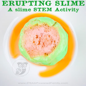 Erupting Slime - A Saline Slime STEM Activity that incorporates the traditional volcano science experiment kids love, with a new slime twist.