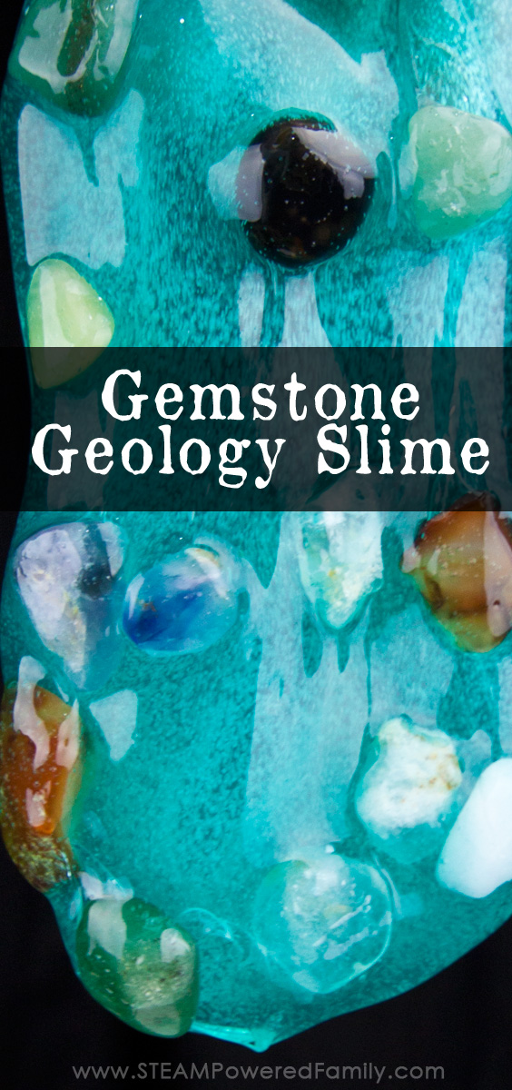To compliment a unit study in geology we created a geology crystal slime and it turned out beautifully! A great hands on exploration and learning slime, this is one slime that is unique and will have your kids asking to make it over and over again. Also a fantastic way to help build recognition skills for different types of stones. #CrystalSlime #slime #Slimerecipe #GeologyforKids #CrystalsforKids via @steampoweredfam