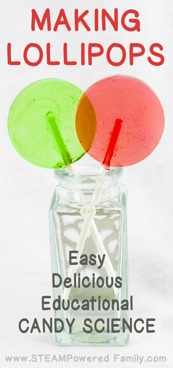Get kids excited about science with Candy Science in the kitchen by making these delicious homemade lollipops! This lollipop recipe is easy and educational.