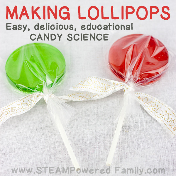 Get kids excited about science with Candy Science in the kitchen by making these delicious homemade lollipops! This lollipop recipe is easy and educational.