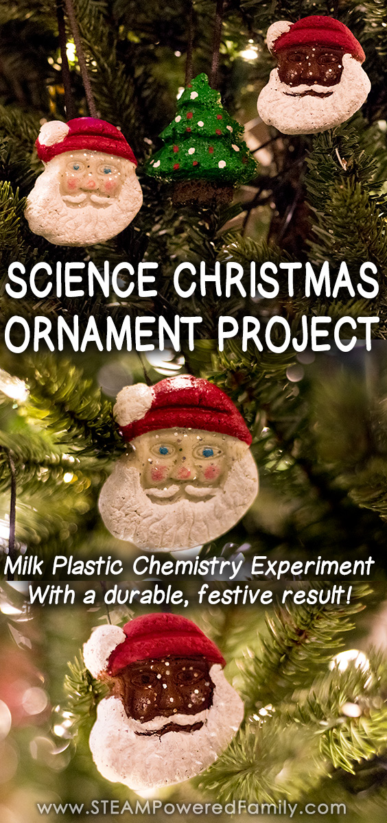 Create the coolest ornaments around using chemistry this holiday season! These milk plastic ornaments are a bioplastic using items from your pantry. Not only can your students learn about polymers and the environment, they can create ornaments that are hard, durable plastic that will last for years. Science lesson is included, plus many more milk plastic and bioplastic projects. Perfect for grades 5 through 12. Click to learn more. #Ornaments #Bioplastics #MilkPlastic #CaseinPlastic #DIYOrnament via @steampoweredfam