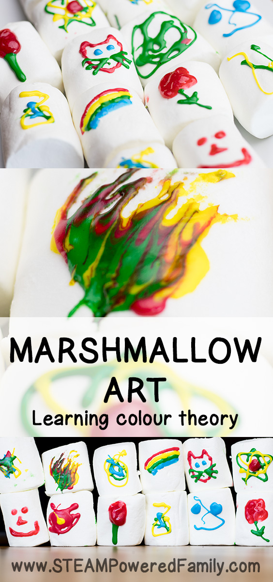 Marshmallow Art is a fun way for all ages to learn with colour. Marshmallows make a wonderful canvas and with the right tools colour theory can be explored, while fine motor skills are developed. Older kids will enjoy challenging their artist talents on a curved surface.  #MarshmallowArt #CandyArt #ArtClass #Marshmallows via @steampoweredfam