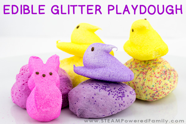 Edible playdough is a fantastic sensory play product, encourage learning and exploration with all the senses. This easy DIY playdough recipe has glitter for an extra special treat. The best part is that it is all edible! Using Peeps makes it perfect for Easter, or replace with marshmallows for a year round treat.
