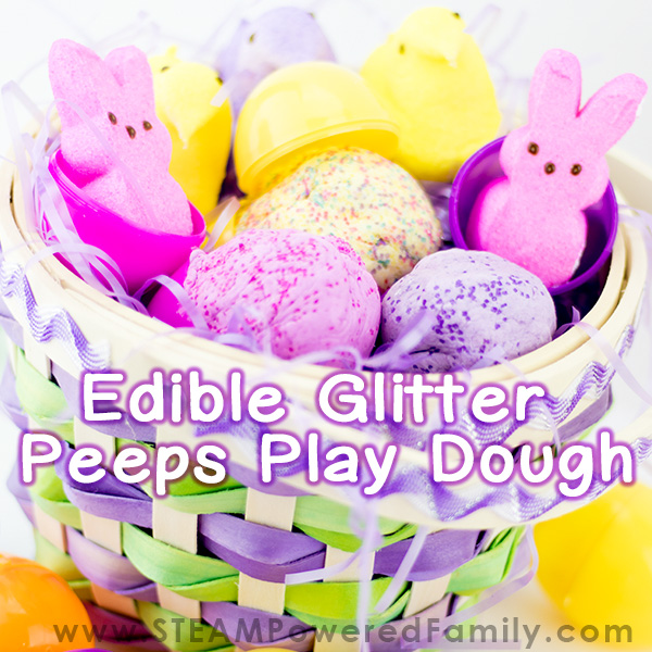 Edible playdough is a fantastic sensory play product, encourage learning and exploration with all the senses. This easy DIY playdough recipe has glitter for an extra special treat. The best part is that it is all edible! Using Peeps makes it perfect for Easter, or replace with marshmallows for a year round treat.