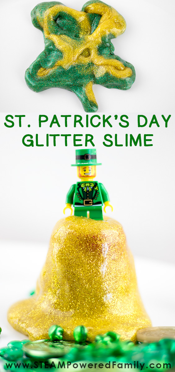 St. Patrick's Day Slime - glitter green and gold slime in a bag. Great technique for sensory sensitive kids who want to make slime. Green and gold slime is combine with Lego Leprechaun, four leaf clovers and green coins for fun sensory play on March 17.