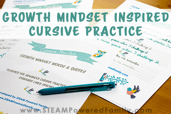 Cursive practice sheets with a growth mindset theme partially completed
