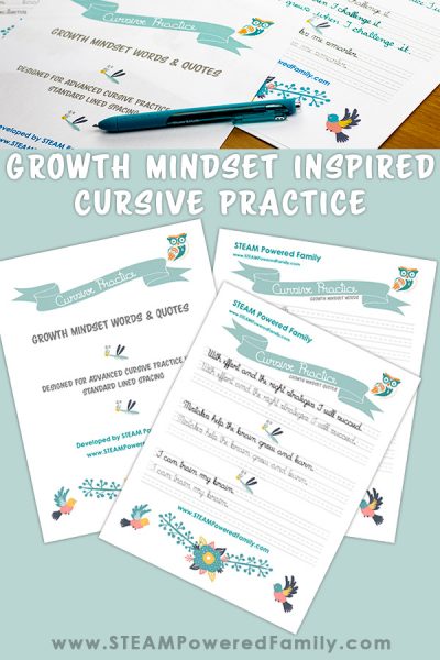 Growth Mindset Inspired Cursive Practice Worksheets