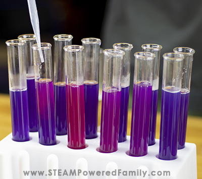 Test tubes in pH indicator experiment showing the reactions with various acids