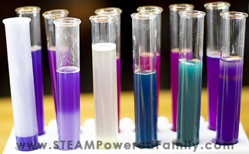 Test tubes in a pH indicator experiment showing the blues and greens and yellows created by bases