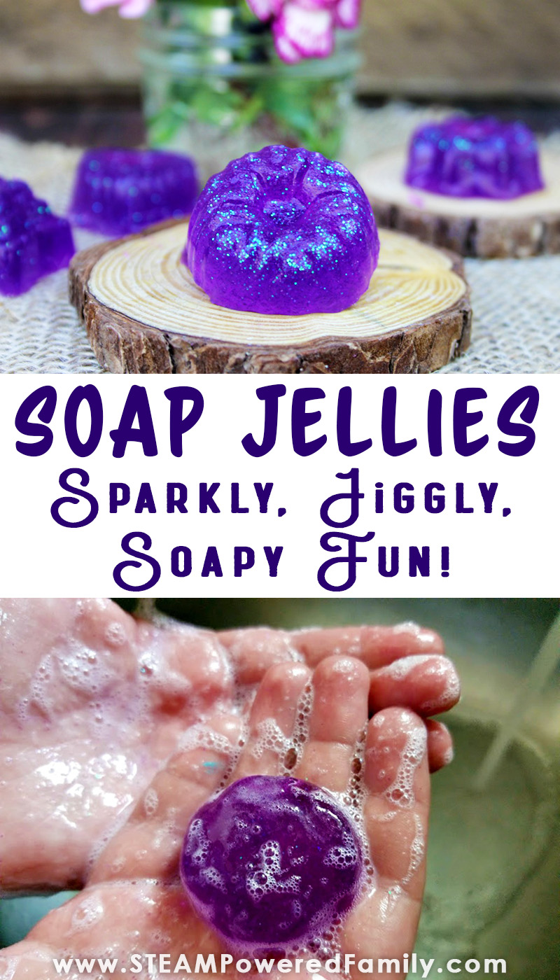 Jelly soaps are all the rage! They are squishy, fun, soapy goodness that kids love. They provide a fantastic sensory experience. The best part, you can make them easily at home. A fantastic project for kids and teens. This sparkly, jiggly, jelly soap recipe is a blast for kids to make and use. #soap #soaprecipe #sensory #jellysoap #soapjellies #bathjellies #showerjellies via @steampoweredfam