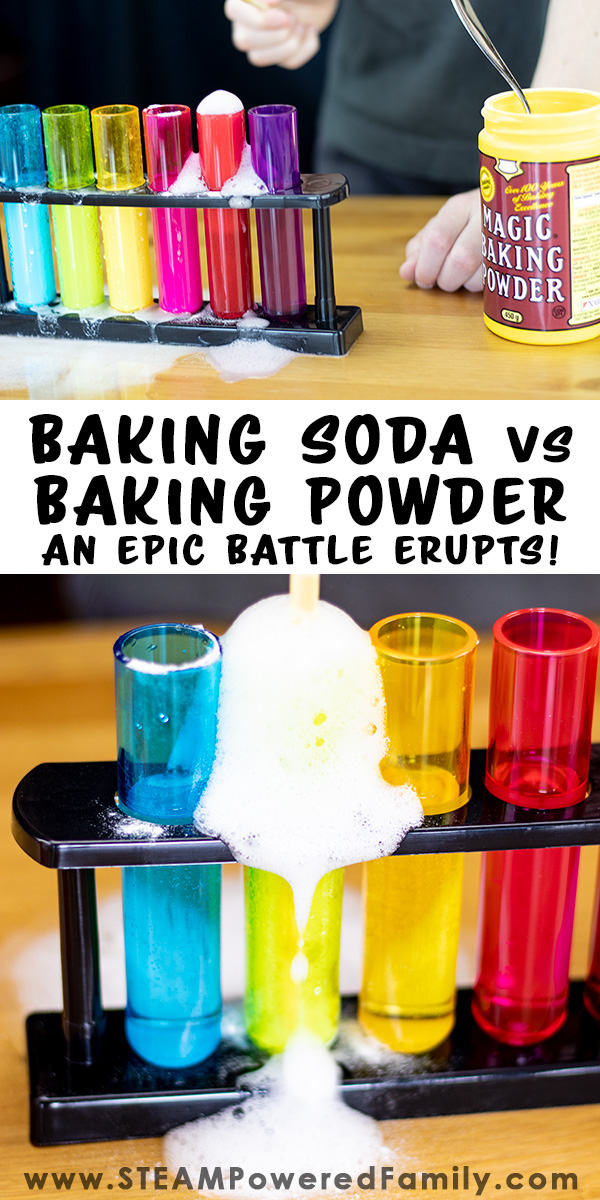 Baking Soda vs Baking Powder go head to head in this epic battle between two kitchen staples in this kid approved science experiment. They may look similar. Their names may sound similar. But these two simple looking white powders can cause BIG reactions. The best part of this scientific investigation... the eruptions! #bakingsoda #bakingpowder #kitchenscience #eruptions #reactions #chemistry #volcano #baking #bakingscience #chemistry #pH #Acids #Bases #STEAMPoweredFamily via @steampoweredfam