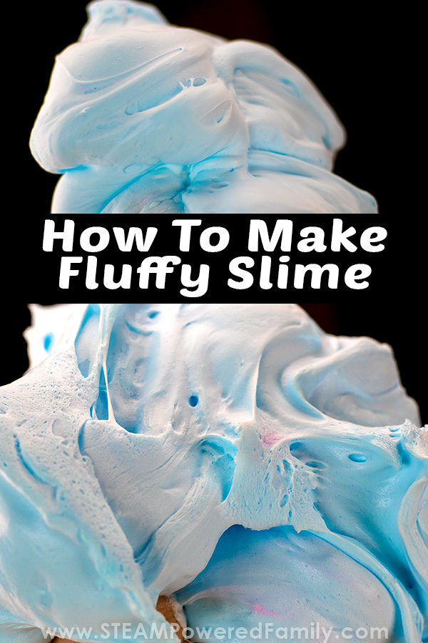 Learn how to make fluffy slime using our favourite slime recipe! Contact lens solution and shaving cream make up the base for this fluffy and poofy slime recipe. There are a few tricks though, so make sure to check out the slime video for extra tips! #fluffyslime #slime #slimerecipe #fluffyslimerecipe #slimevideo #fluffyslimevideo via @steampoweredfam
