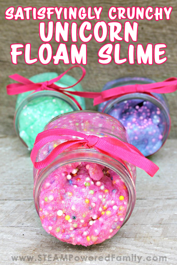 This crunchy unicorn floam slime recipe creates the most satisfying slime ever! It's beautiful, smells amazing, and pops and crunches when you play. #slime #slimerecipe #crunchyslime #floam #floamslime #unicorn #unicornslime via @steampoweredfam