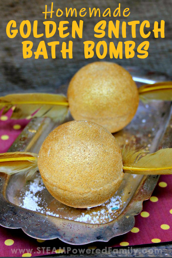 Homemade bath bomb recipe kids love! Harry Potter themed to look like a Golden Snitch but scented to help calm and prepare for bedtime. 