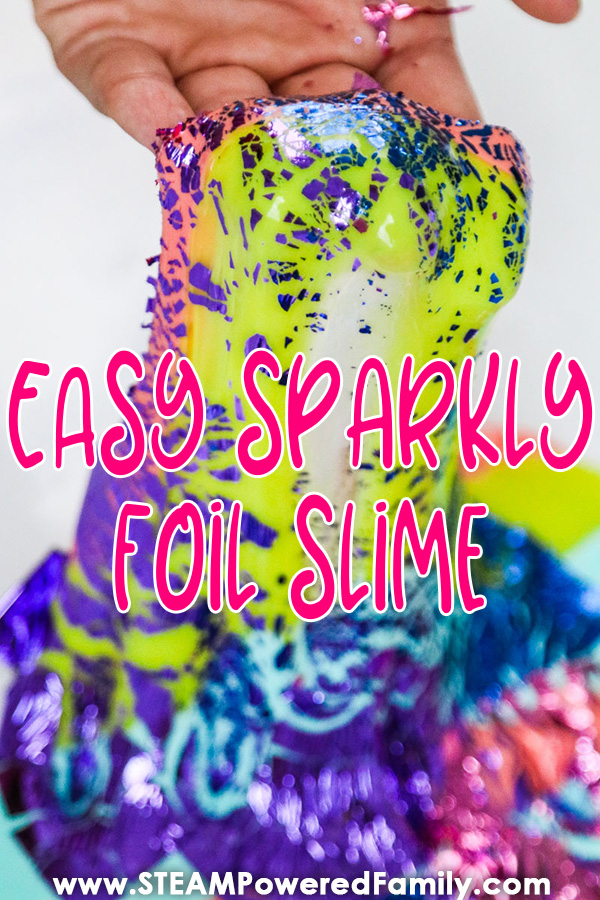 This foil slime recipe is so easy to make and because it uses buffered saline it is safe for sensitive skin