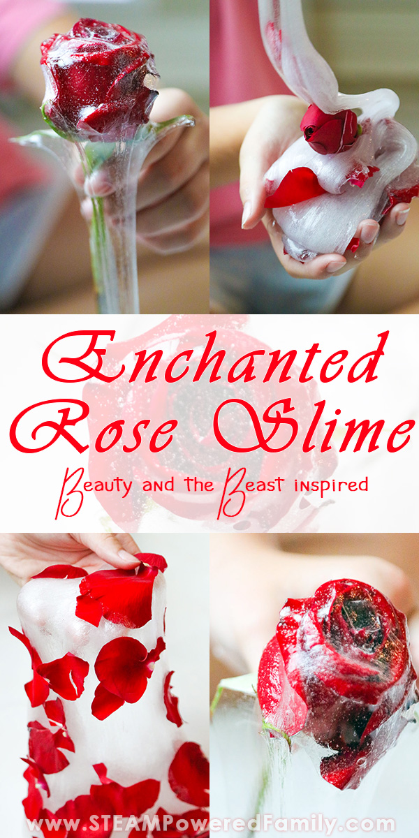 Enchanted Rose Slime Recipe is made with real roses and contact lens solution for a beautiful sensory experience inspired by the beloved princess story Beauty and the Beast. Immerse your sense of sight, smell and touch in an unforgettable moment of mindfulness brought to you by this stunning rose slime. Perfect for a princess party theme! #SlimeRecipe #BeautyandtheBeast via @steampoweredfam