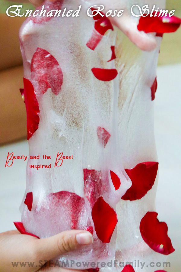 Stretching the glitter slime with rose petals changes it from white to clear but always with fragrant roses and sparkle