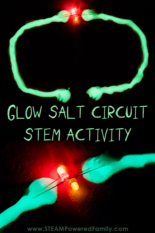 Glow Salt Circuit STEAM Activity for elementary aged kids. Easy circuit lesson with WOW results #STEAM #STEM #Circuits via @steampoweredfam