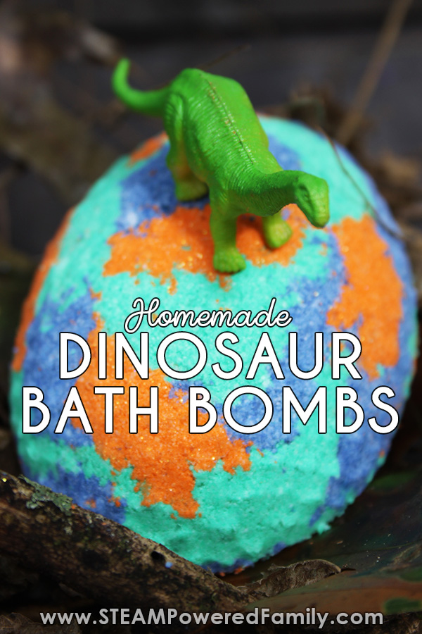 Dinosaur bath bombs for kids recipe that is shaped like a dinosaur egg. Add to a warm bath to reveal the surprise inside, a baby dinosaur! Science chemistry lesson included. #BathBombsForKids #Dinosaur #Chemistry via @steampoweredfam