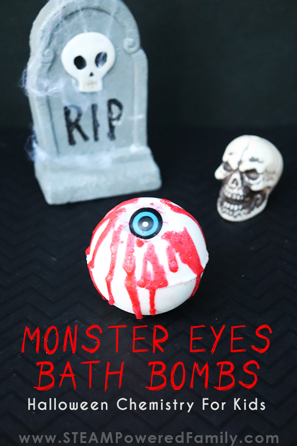 Monster Eye Halloween Bath Bombs are a shudder worthy chemistry project this Halloween for tweens and teens. Complete with dribbles of blood made from soap. #HalloweenBathBomb #Monster #Halloween #BathBombs via @steampoweredfam