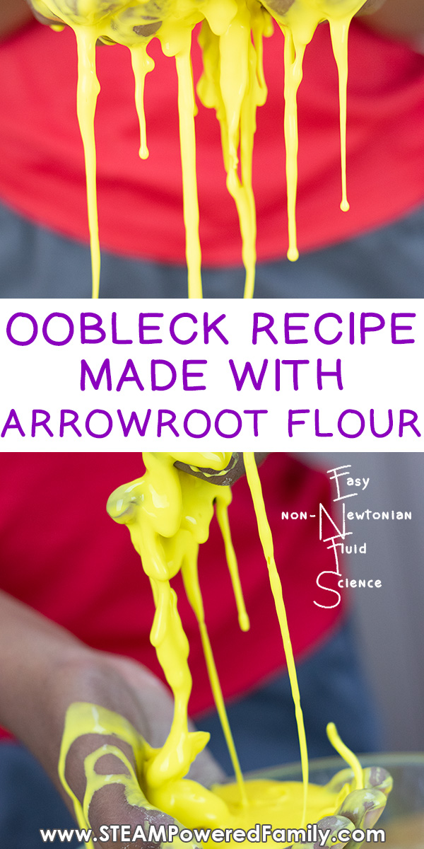 Oobleck recipe with arrowroot flour and no cornstarch makes a wonderful oobleck slime also known as non-Newtonian Fluid. Explore the sensory science fun! #oobleck via @steampoweredfam
