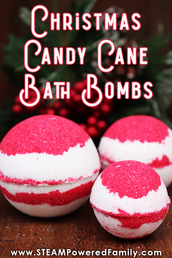 A Candy Cane Bath Bomb recipe that is simple and fun to make this holiday season. Includes a fascinating Christmas chemistry lesson. Great DIY gift idea! #BathBombs #Christmas #CandyCane #Chemistry via @steampoweredfam