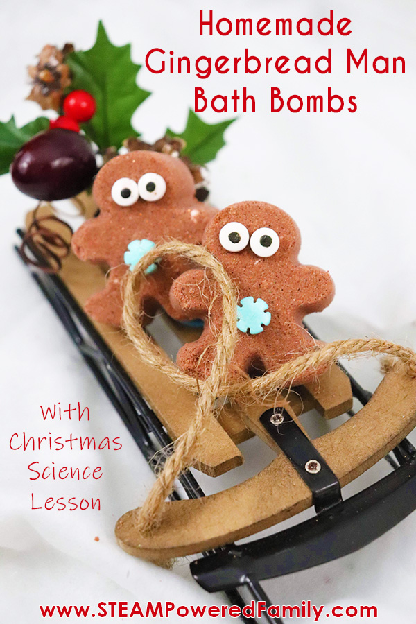A fun Christmas science and STEAM project with kids making gingerbread man bath bombs and decorating them, just like you would decorate the cookies. #bathbombs #ChristmasScience via @steampoweredfam