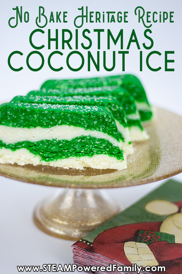 Holiday Coconut Ice is easy to make and tastes amazing! This no bake heritage recipe is the perfect sweet treat to make with the kids this Christmas season.  #coconutice #Christmasrecipe via @steampoweredfam