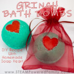 Grinch inspired Christmas Bath Bombs Recipe with a homemade soap heart