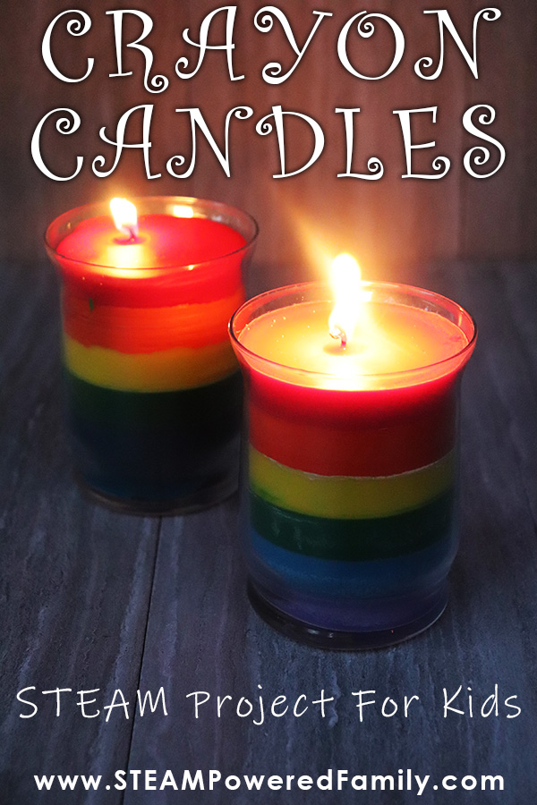 Gorgeous rainbow crayon candles DIY project that we turned into a STEAM activity. Learn about different types of waxes and how to make candles with crayons.