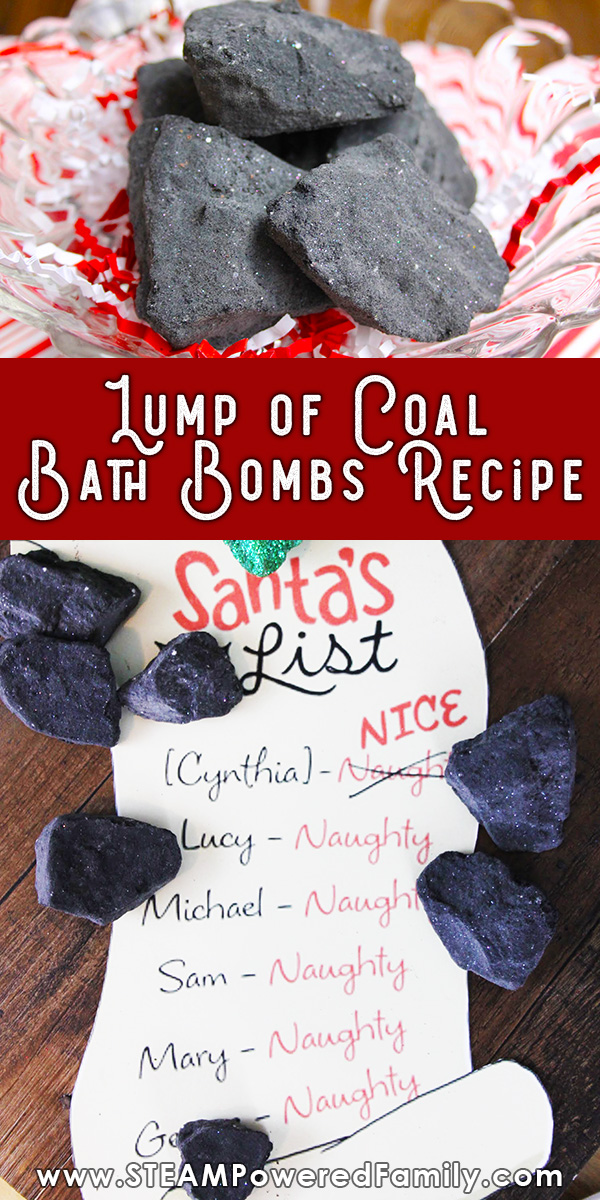 Lump of Coal Bath Bomb Recipe with the science of bath bombs. A great Christmas chemistry project for the kids. #BathBombs #Christmas via @steampoweredfam