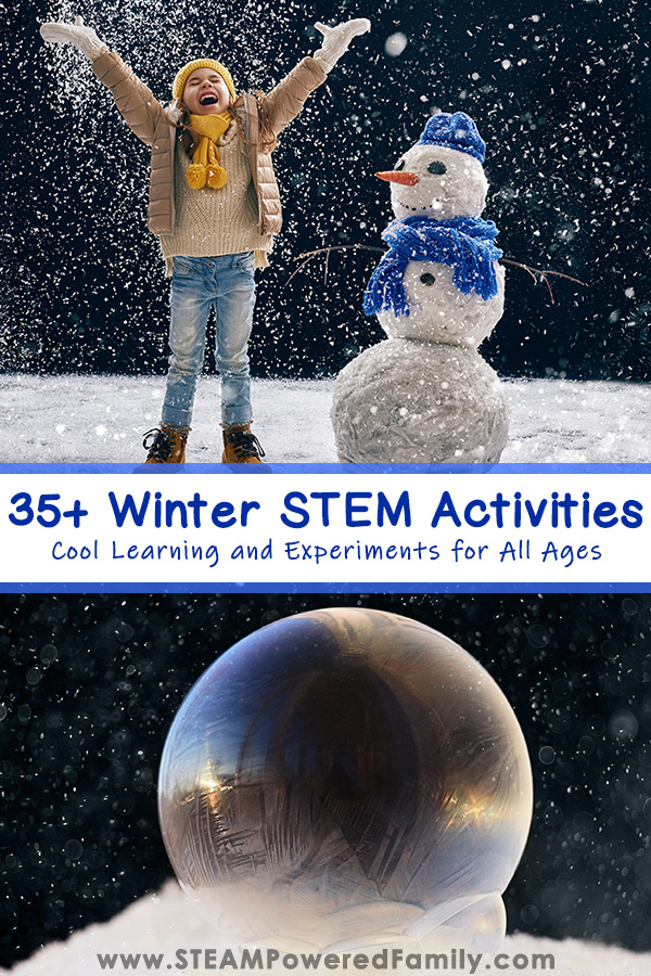 Celebrate snow and cold with these winter STEM activities. Hands-on learning that embraces science, technology, engineering and math. Explore the seasons, celebrate the Winter Solstice, and forge a stronger connection to nature and our planets natural patterns, even when the weather turns cold. Activities included even for places that don't experience cold and snow to help foster a connection to the winter season for everyone. #Winter #STEMActivities #WinterSTEM #WinterActivities via @steampoweredfam