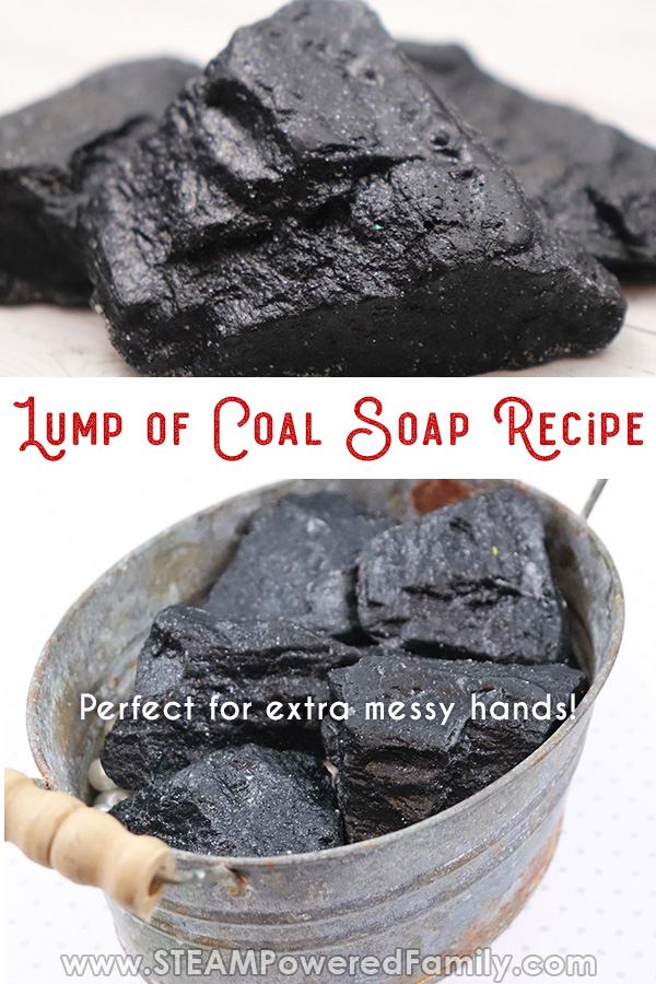 This easy soap recipe produces the perfect "lump of coal" soap for you to put in stockings this Christmas. Makes a fantastic blacksmith soap for extra messy hands. #DIYSoap #LumpofCoal via @steampoweredfam