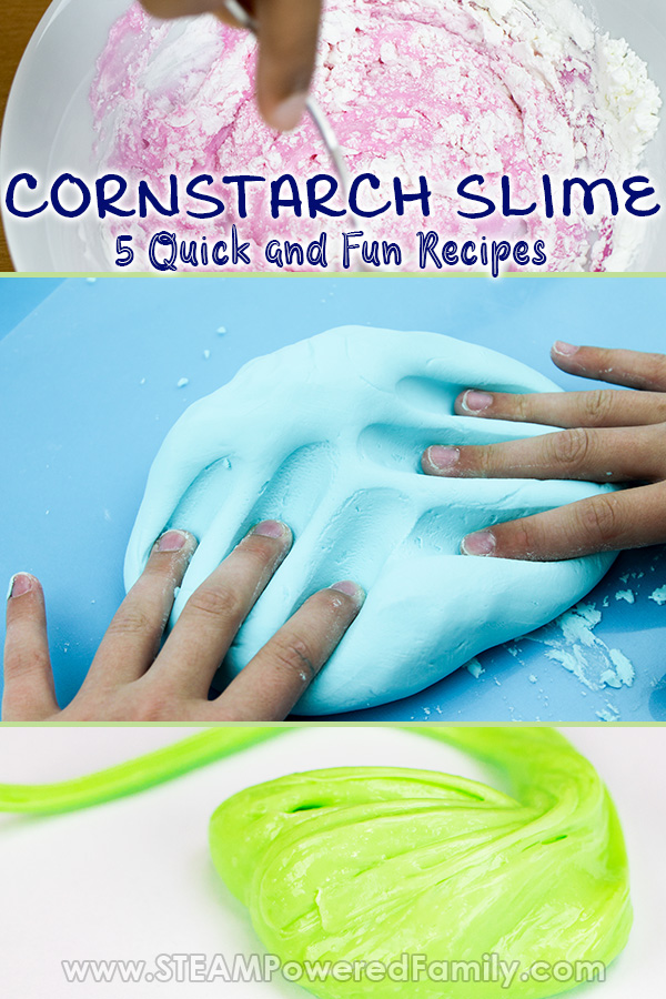 Make cornstarch slime with any one of our 5 proven, tested and kid approved cornstarch slime recipes. From simple with only 2 ingredients to super stretchy creations of cornstarch slime, we have it all. We even have glue free and taste safe versions for little ones who might be tempted to take a nibble. Super fast and easy to make, these recipes will provide hours of entertainment and sensory playtime fun! #cornstarchslime #slime #Slimerecipe #CornstarchSlimeRecipe #GlueFreeSlime via @steampoweredfam