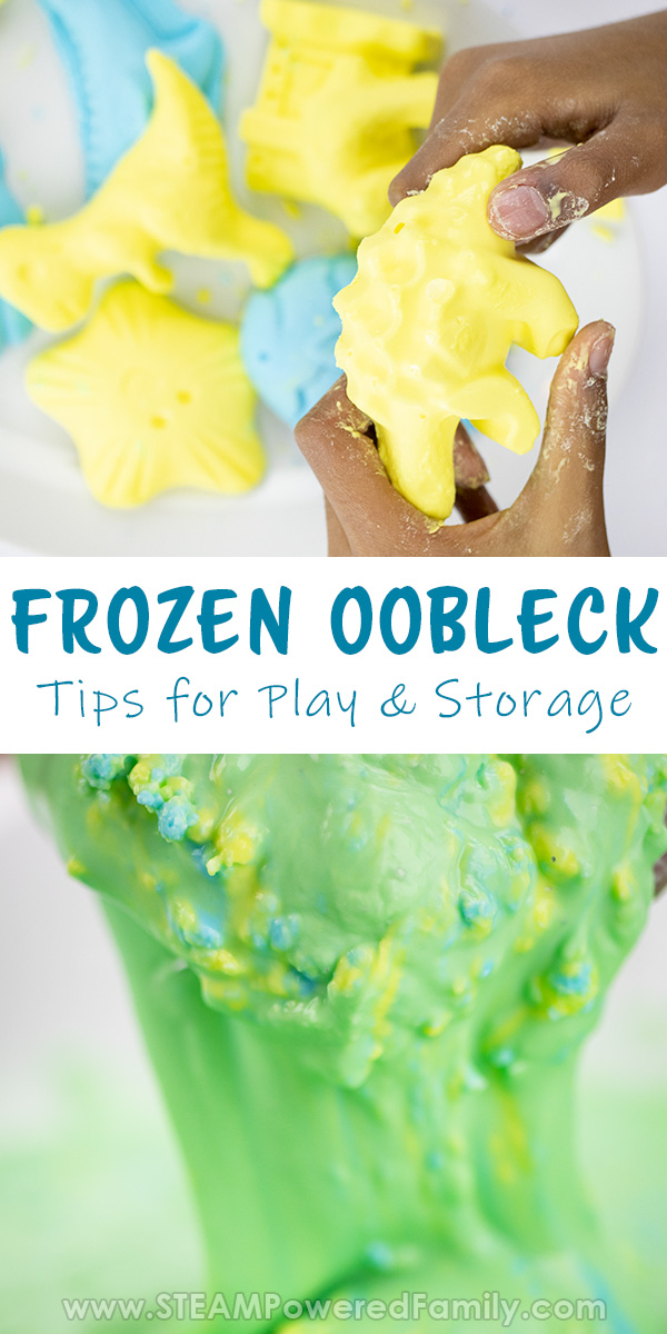Frozen Oobleck is a fun new twist on a favourite science experiment and sensory play. This non-Newtonian Fluid does some cool things when frozen into fun shapes. Freezing properly is also a great way to store Oobleck. #oobleck via @steampoweredfam