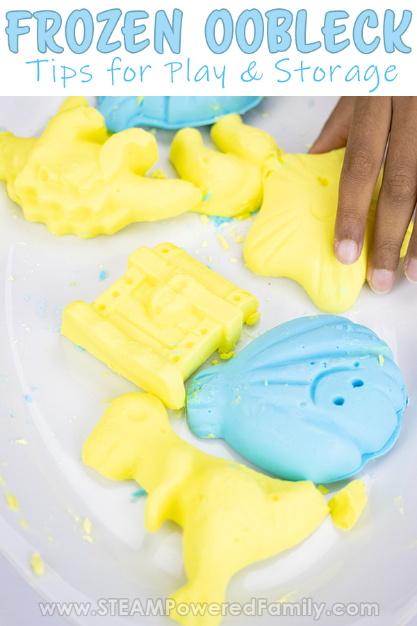 Frozen Oobleck sensory play, science experiment and oobleck storage tips