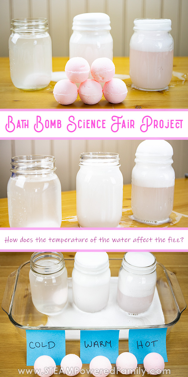 Explore how water temperature affects the eruption and fizz of homemade bath bombs in this fascinating bath bomb science fair project. All the steps are included plus an easy bath bomb recipe. Kids will love the excitement and spectacular results of this science fair project. Make bath time, science time! #BathBomb #ScienceFair via @steampoweredfam
