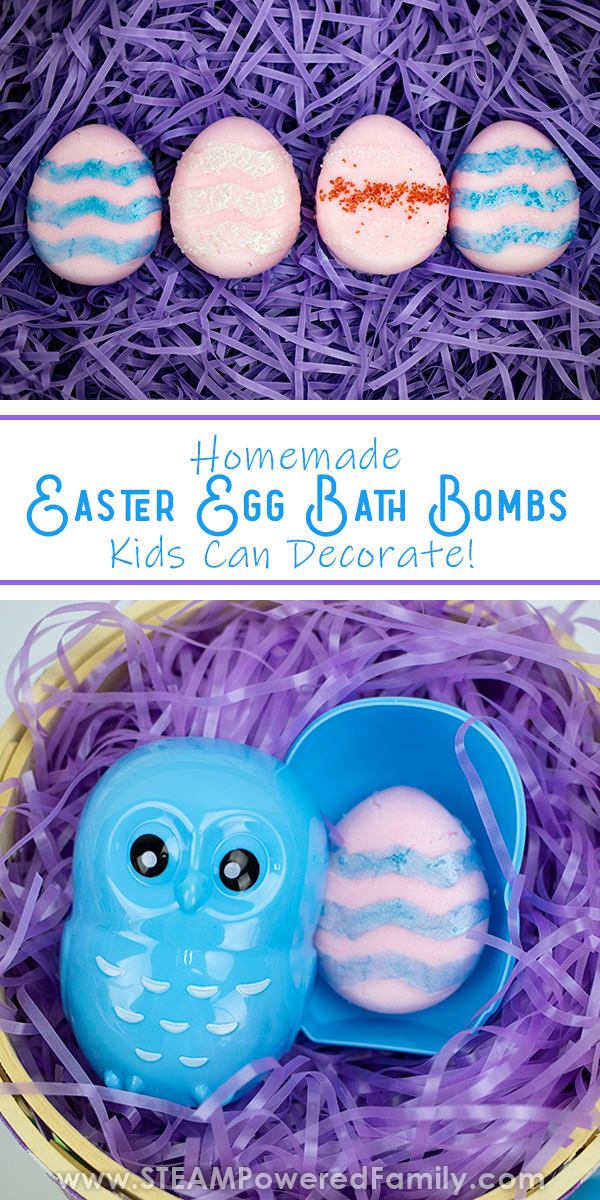 Make your Easter science lessons fun this year by making Easter Egg Bath Bombs kids can decorate just like Easter Eggs. Kids love exploring the chemistry behind the fizz of bath bombs. A fantastic STEAM Project for Easter. #EasterEggBathBombs #EasterBathBombs #BathBombs via @steampoweredfam