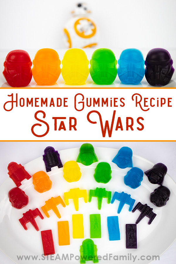 Star Wars Homemade Gummies - This easy and delicious recipe will be a huge hit with the kids. Perfect for Star Wars parties and May The 4th Be With You. You can also turn this recipe into a lesson on polymers. #StarWars #HomemadeGummies #GummyRecipe via @steampoweredfam